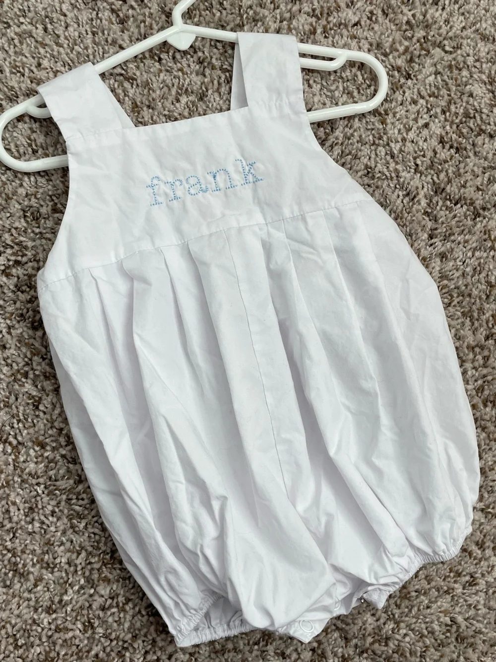 The Beaufort Bonnet Company white bubble outfit embroidered “Frank”